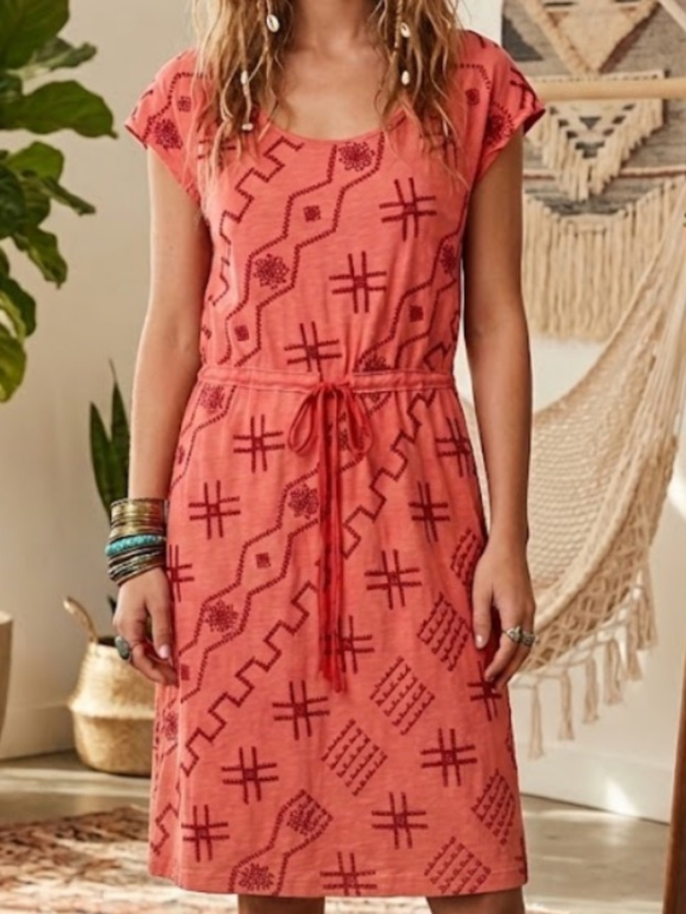 Johnny Was Embroidered Coral Midi Dress Sz L Coral Drawstring Waist Short Sleeve